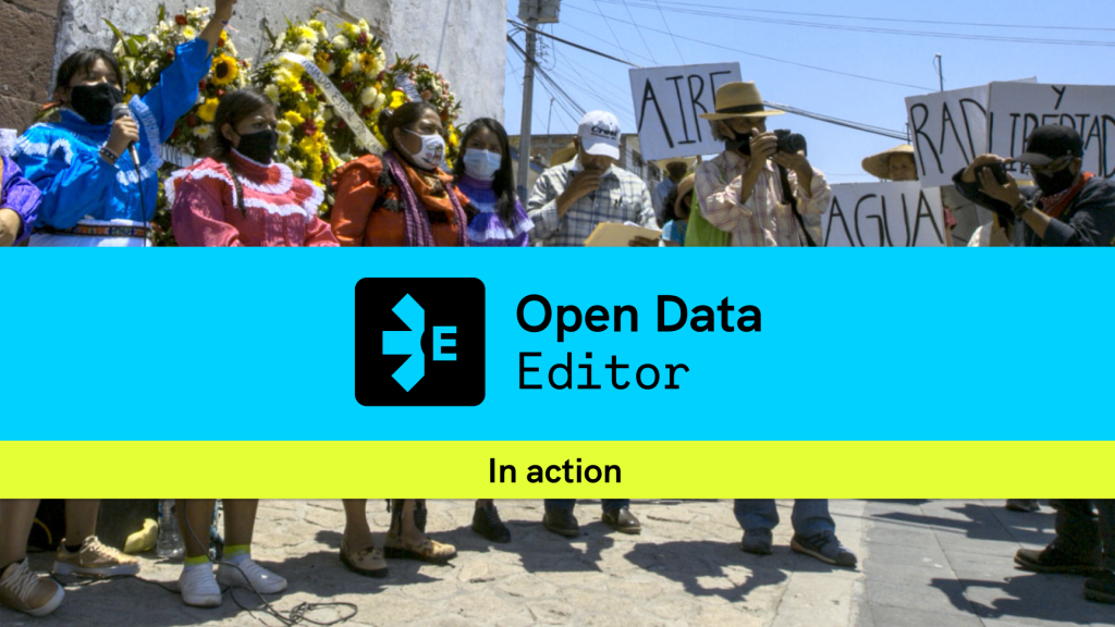 A group of Indigenous Peoples demonstrating with the Open Data Editor logo overlaid on the image