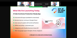 Screen capture from a zoom meeting showing a slide describing the app's functionalities